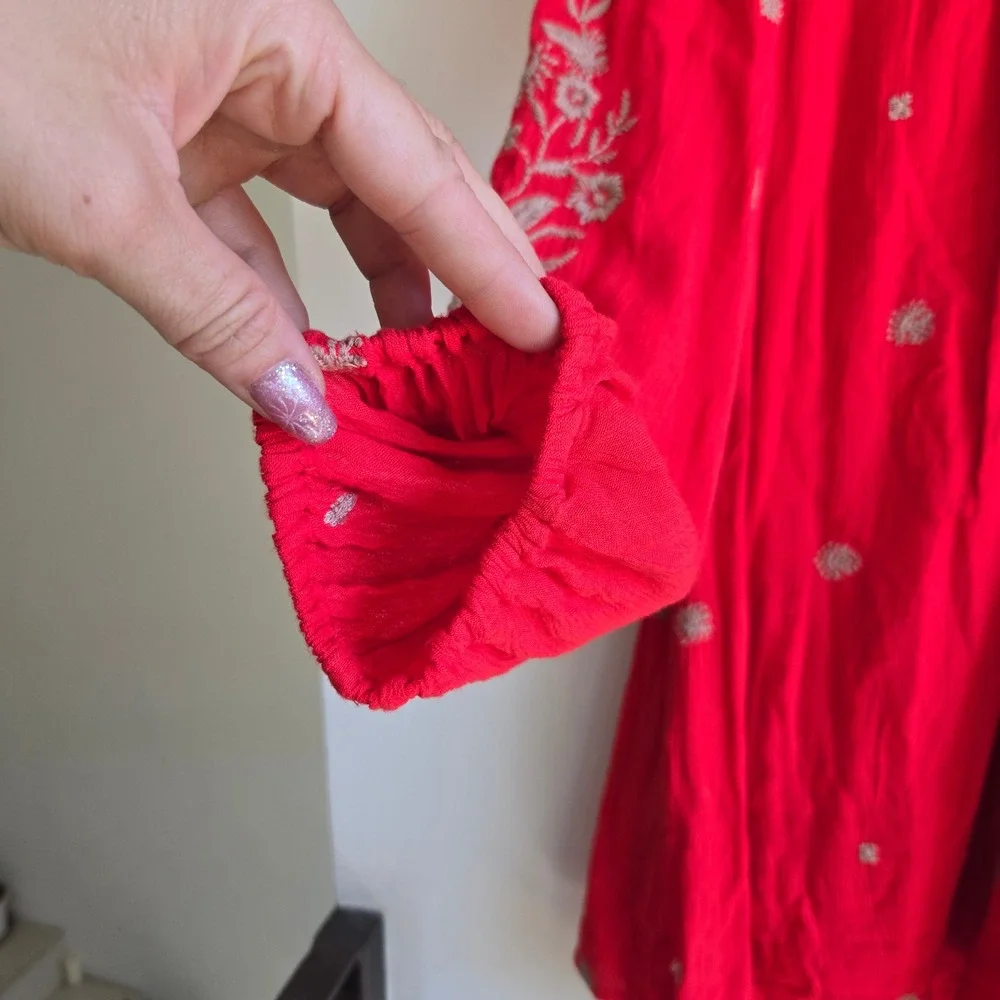 Free People XS Mini Dress Womens Red Good Embroidered V-Neck Boho Pockets